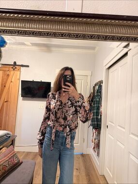 NWT PAIGE silk V-Neck Long Sleeve Blouse with tie - Black & Pink floral